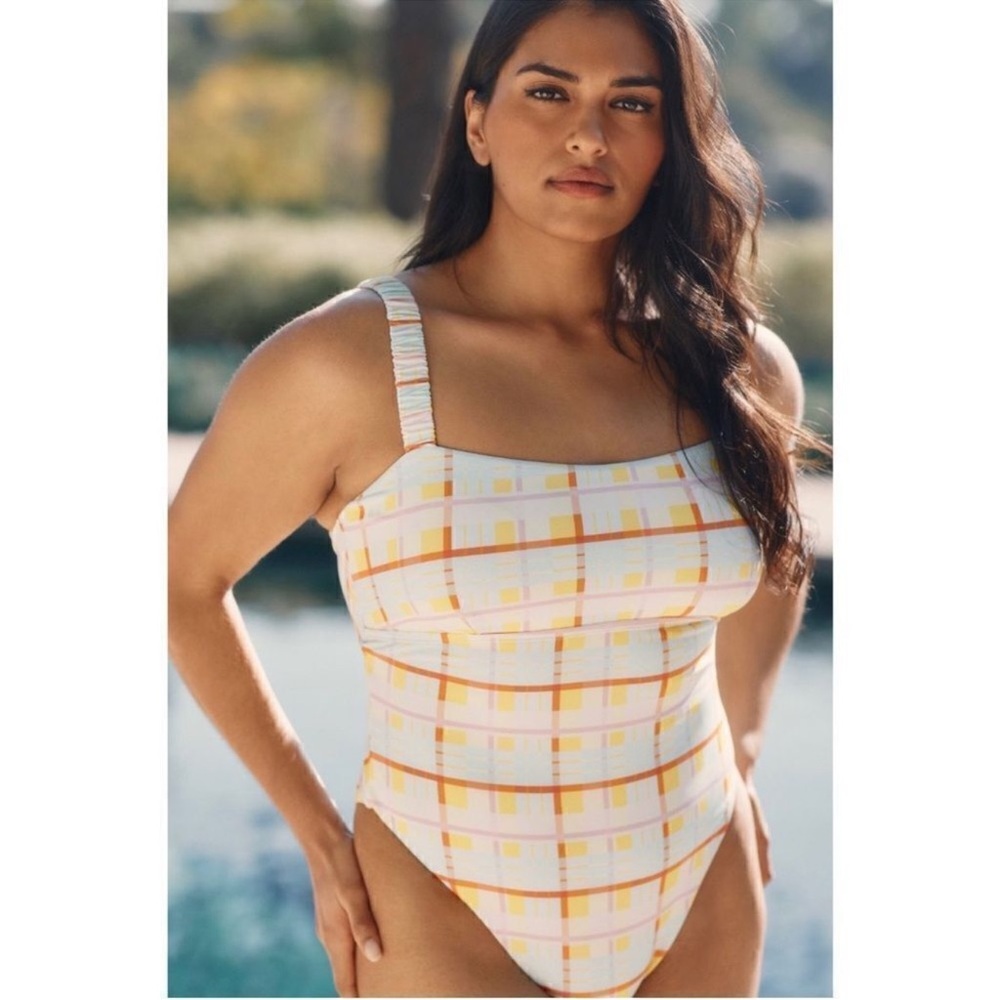 NEW By Anthropologie Sanja Scrunch Plaid Striped One-Piece Swimsuit Plus 2X